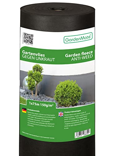 GardenMate Rolo de malha geotêxtil premium de 1 m x 75 m e 150 g/m², geotêxtil extra resistente para ervas danas, alta estabilização contra UV, permeável à água, 1 m x 75 m = 75 m²