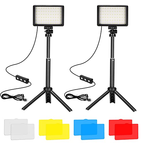 Ci-Fotto LED Video Light 2-Pack, 5600 K iluminação holofote de luz fotográfica USB com mini tripé e filtros de cores para estúdios, tomadas em ângulos pequenos, gravação de vídeo, transmissão de jogos