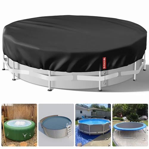VniYors Cobertor de piscina 366, tarefa pesada, 210D, lona de piscina, cobertura de piscinas redondas resistente à água, ao pó e ao desgaste com cordão e pregos de terra (366 cm) - preto