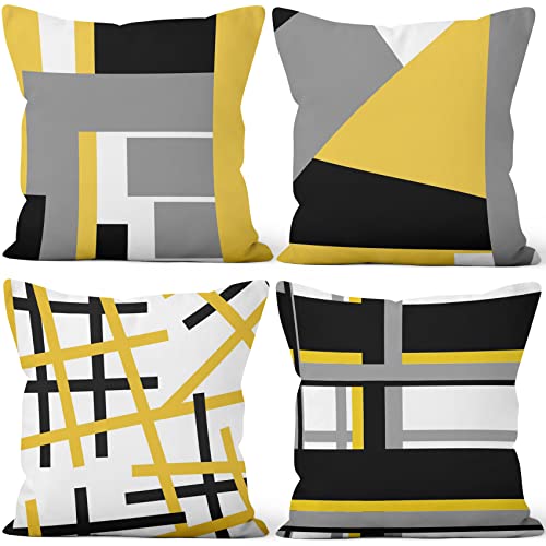 Aoihrraan 40 x 40 cm Conjunto de 4 fronhas de almofada amarelo cinzento branco moderno geométrico padrão quadrado decorativo curto de pelúcia macia fronha de almofada quarto exterior jardim cisne
