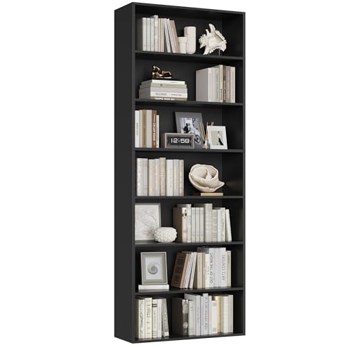 FirFurd 209,5 cm, prateleiras de armazenamento de madeira, livraria com 7 bordas, prateleiras livros, livraria estante, para sala de estar, estúdio, quarto (preto)