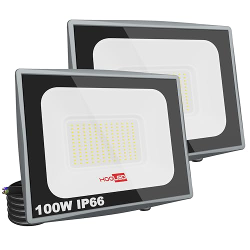HOOLED Focos LED para exterior, 1000 ml, 6500 K, feixe de 120°, holofote projetor LED IP65 impermeáveis, branco frio floodlight, iluminação exterior para teto, jardim, pátio, porta, garagem (100 W-2