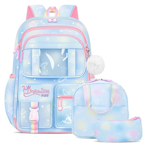 Amythe Mochila escolar de menina primária 3 peças, 2025 mochila para meninas Kawaii com pendente 6 a 12 anos, mochilas escolares menina impermeável e leve, 26 L, 6777