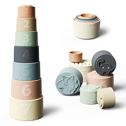Moonkie Brinquedos de silicone para crianças, cubos empilháveis para bebé, caneca de brinquedo empilhável, mordedor de bebé, blocos de construção para crianças, brinquedos para bebés, jogos