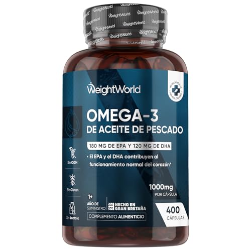 Omega 3 DHA e EPA 1000 mg de concentração de 400 cápsulas lisas para mais de 1 ano - 180 mg EPA 120 mg DHA, contribui para o funcionamento normal do coração (EFSA), sem OGM nem glúten