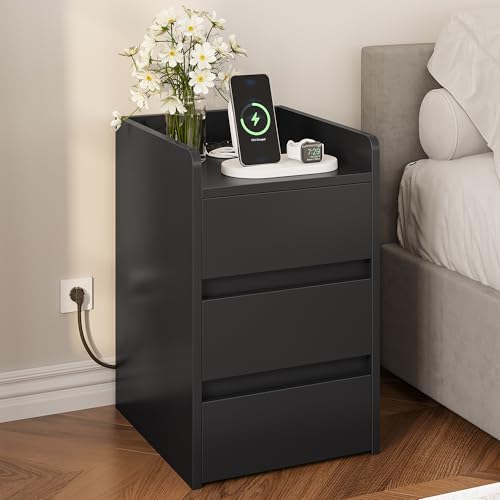 YITAHOME Mesa de cabeceira de 3 gavetas, mesa de cabeceira com estação de carregamento, 2 portas e entradas USB, mesa auxiliar impermeável para sala de estar e quarto, 35 x 40 x 60 cm (preto)