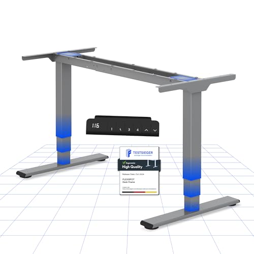 FLEXISPOT EC5 Lite Escritório Elevável Elétrico com 2 motores e 3 estágios mesa ajustável em altura de aço com 4 funções de memória Standing Desk, carga de 100 kg (moldura em cinzento)