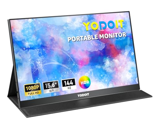 Yodoit Monitor portátil de 15,6 polegadas, 144 Hz, 1920 x 1080 FHD, ecrã IPS com USB Tipo C, altifalante integrado, ecrã para PC, portátil, Xbox, PS 3/4/5, Switch e TV