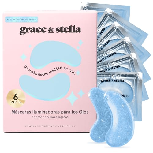 Grace & Stella Patches olhos malas e orelhas - adesivos de olhos premium anti-rugas e anti-olheiras, com ácido hialurónico - veganos e não testados em animais [6 pares, azul]