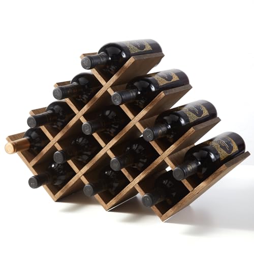 KIRIGEN garrafeira de madeira para 13 garrafas de vinho, garrafeira de madeira de 4 níveis para vinho, garrafeira de pé e balcão, garrafeira e garrafeira de vidro para armário. Gelb-Braun