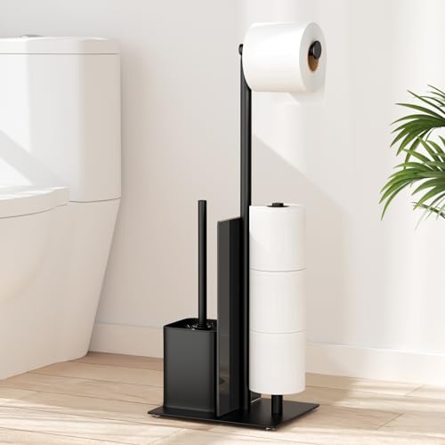 Suporte para rolos de papel higiénico de pé com escova, suporte para papel higiénico com escova de aço inoxidável, sem necessidade de perfuração, suporte para papel higiénico e escova (preto mate)