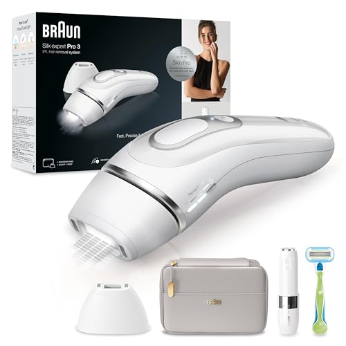 Braun Silk·expert Pro 3 Depiladora mulher luz de pressão IPL com várias cabeças para tratamento da cabeça dos pés, alternativa à remoção a laser em casa PL3139, branco/prateado