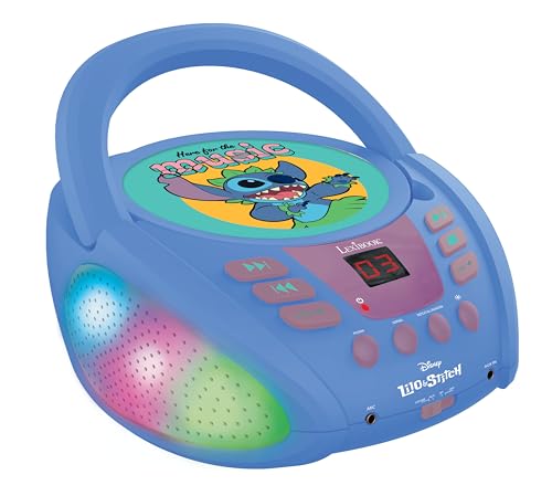 Lexibook Ponto Disney Stitch - Leitor de CD Bluetooth portátil, efeitos de luz multicoloridos, microfone, tomada auxiliar, funciona com corrente alternada ou com pilhas, crianças, azul, S (RCD109D)