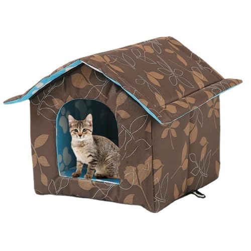 MUYYIKA Casa para gatos ao ar livre, resistente ao inverno, impermeável, resistente às intempéries, para animais de estimação, macia e quente, com almofada removível para cães (castanho, M: 40 x 38 x