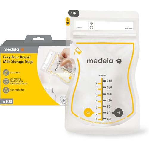 Medela Sacos de armazenamento de leite materno Easy Pour, sacos descartáveis de 210 ml, à prova de fugas, protegem os nutrientes do leite, sem BPA, embalagem de 100, exclusivo na Amazon