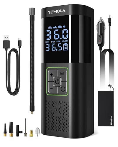 TEMOLA bomba de encher rodas carro, 150 PSI bomba de ar elétrica, DC12 V bomba de ar com Autostop e luz de emergência, compressor de ar carro com cinco tipos de válvulas para carro, motociclo,