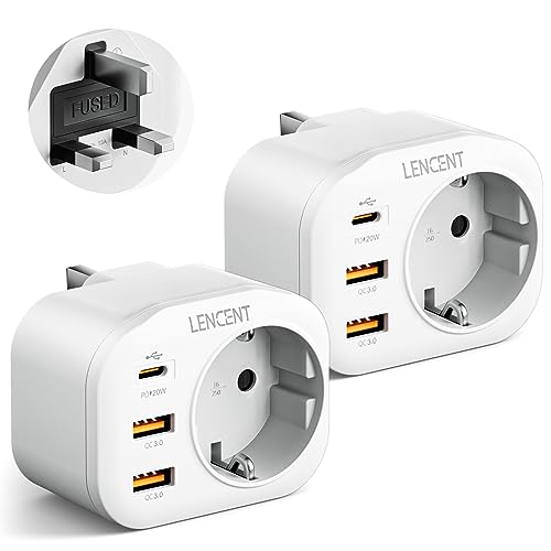 LENCENT 2 x adaptador tomada UK/Reino Unido, adaptador Inglaterra viagem com carregamento rápido QC3.0 + PD20W, Europa Espanha Portugal para Reino Unido para a Escócia, Irlanda, Gales, maldivas,