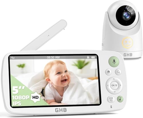 GHB Câmara de vigilância para bebés com câmara com ecrã IPS 5" 1080P bateria de 4000 mAh duração 7 x 24 horas visão noturna comunicação bi-direcional escuta bebés suporta até 4 câmaras