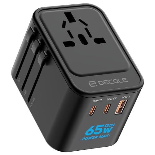 decqle Adaptador de tomada universal, adaptador de viagem com 2 USB-C (GAN 65W) e 1 USB-A, adaptador universal para UE, Reino Unido, americano, Canadá, Austrália e 224 país(preto)