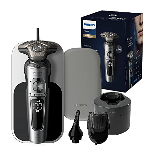 Philips Série 9000 Prestige máquina de barbear elétrica para homem, máquina de barbear de barbear, 60 min de uso, seco e húmido, recarregável, centro de limpeza, base de carregamento QI, nargueiro,