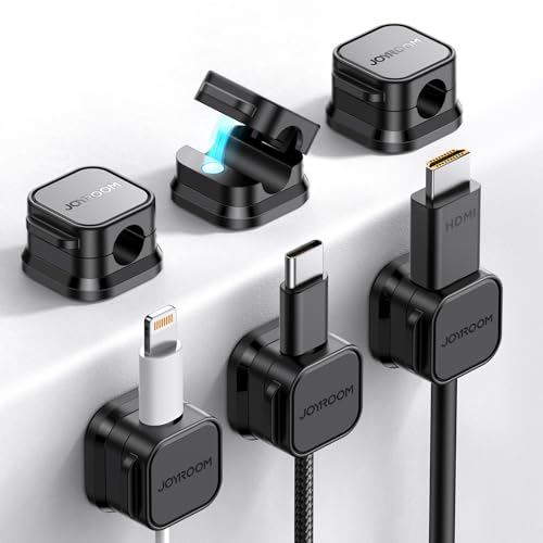 JOYROOM 6 peças clipe de cabo ajustável organizador cabos magnético cabo Management para secretária, mesas de cabeceira, cabos de carregamento, HDMI, USB, cabo de áudio, preto