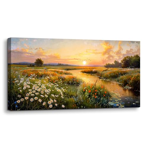 hyidecorart Grandes quadros decoração de sala de estar moderna, 50 x 100 cm telas decorativas parede quartos, folhas decorativas parede pôr-do-sol no pântano, Wall Art sala de jantar escritório