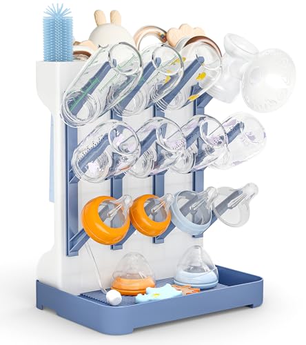 GoMaihe Escorra biberões seca: Suporte vertical para escorredor Biberone que economiza espaço para guardar acessórios de bebé escovas e tetinas em bancada - sem BPA - azul