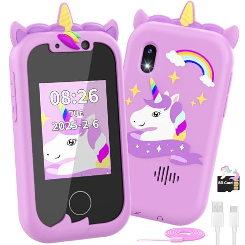 Ashfly Smartphone crianças, telemóvel para crianças Natal aniversário presente brinquedos menina 3 4 5 6 7 8 9 10 anos, telemóvel brinquedo com dupla câmara leitor de música jogos de puzzle