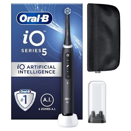 Oral-B iO 5 Escova de dentes elétrica preta com 1 cabeça, 1 capa magnética e 1 suporte de substituições, 5 modos de escovagem, sensor de pressão e temporizador, desenhado por Braun