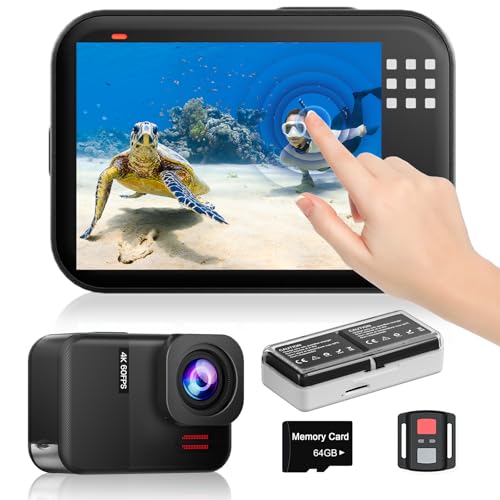 4K60fps Câmara aquática ecrã tátil - câmara subaquática 10 m com 64 G cartão SD, HD 48 MP Wi-Fi câmara desportos estabilização 6-eixos, 8X Zoom câmara de ação com capacete acessórios