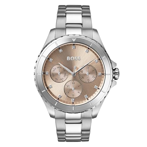 BOSS Relógio analógico de quartzo multifuncional para mulher com correia em aço inoxidável prateado - 1502444, Prata, pulseira