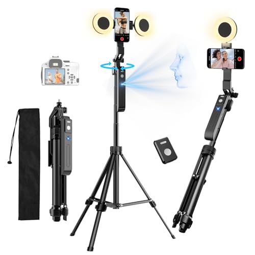 yAyusi Tripé de acompanhamento facial automático com luz, rotação de 360 ° 180 cm vara selfie tripé para telefone com remoto, suporte para câmara de telefone com sensor de movimento para Vlog/vídeo