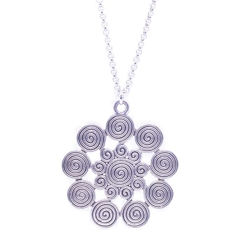 NILUXE DESIGN-Collar Mujer Espiral Celta y Zamak Acabado Plata Antigua - Colgante Sol Étnico Boho - Colgante Grande Amuleto Talismán Cadena de Acero o Antelina Negra-Ajustable(Cadena larga)