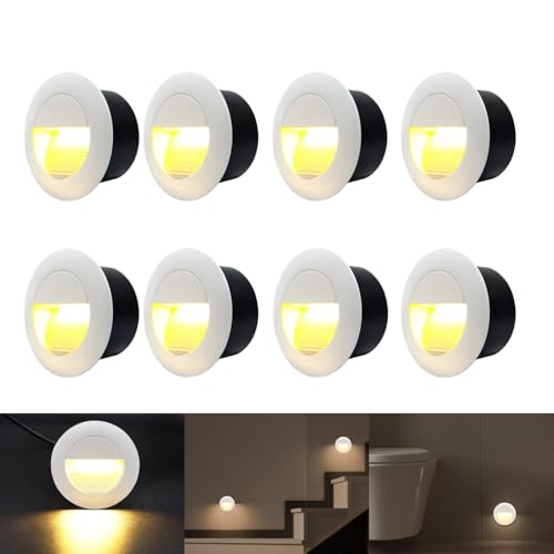 FWoche Conjunto de 8 lâmpadas LED embutidas de parede, luzes recarregáveis para degraus, 65 mm, alumínio, redondas, 230 V, 3 W, branco quente apliques de parede de luzes de escada IP65, branco