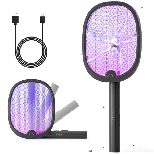 YISSVIC Raquete mosquitos elétrica mata mosquitos elétrico dobrável 2 em 1 4000 V 1800 mAh USB-C recarregável mata-moscas elétrico de luz UV - preto