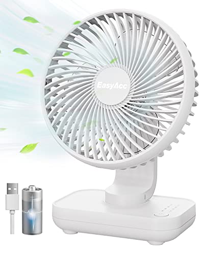 EasyAcc Ventilador de mesa USB, silencioso recarregável 4000 mAh, potente com 4 velocidades, mini base de carregamento rápido, ventilador portátil para casa, escritório, quarto, exteriores, branco