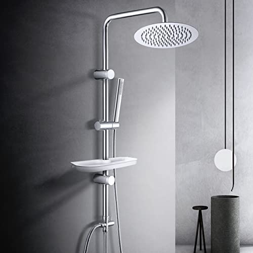 Görbach Coluna de hidromassagem coluna de chuveiro completo sem torneira de aço inoxidável barra de altura ajustável Set chuveiro com chuveiro de mão, prateleira e cabeça chuveiro pulverizador D20 cm.