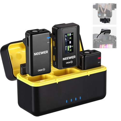 NEEWER CM28 Sistema microfone Lavalier sem fios com estojo carregamento cancelar ruído 4 GB armazenamento 9H gravação 48 KHz áudio 16 bits microfone lapela compatível com iPhone iPad Android PC câmara