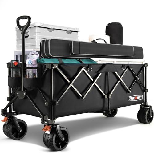 Overmont Carrinho de praia dobrável - 114 cm carrinho de campismo dobrável estendido com travões - 250 l 200 kg carro de transporte com rodas grandes todo o terreno - carrinho portátil para jardim