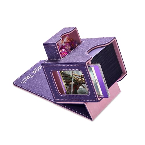 Mage Tech Commander Deck Box para MTG, design patenteado, ecrã Commander, adapta-se a 100 cartões de manga dupla, suporte magnético de 35 pontos e bandeja de dados, roxo/rosa