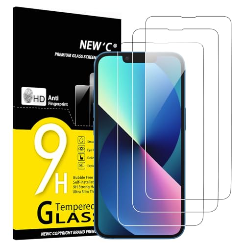 NEW'C 3 peças, protetor de ecrã para iPhone 14, iPhone 13, iPhone 13 Pro (6,1 polegadas), vidro temperado anti-riscos, anti-impressões digitais, dureza 9H, 0,33 mm ultra transparente, ultra resistente