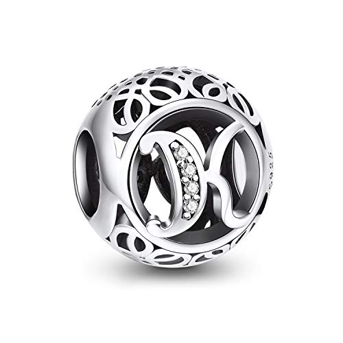 NINGAN A-Z 26 contas encantos pendentes de alfabeto contas prata de lei 925 com zircônia cúbica transparente compatível com pulseira Pandora e europeu, encantos de letra para mulher menina
