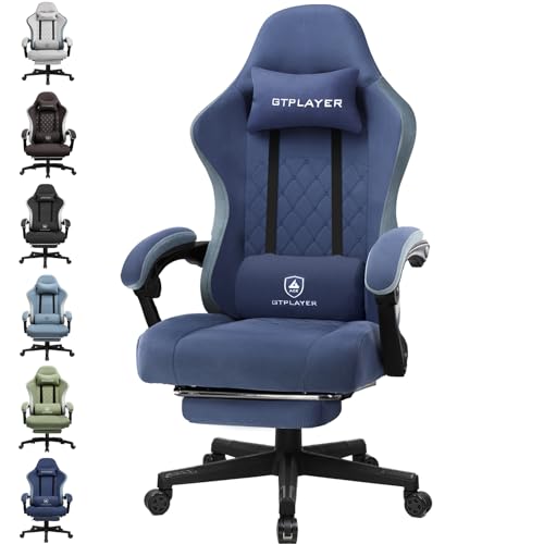 GTPLAYER Cadeira de tecido para jogos com apoio para os pés, cadeira de secretária para computador com almofada de mola de bolso, cadeira de escritório em casa, cadeira ergonómica de encosto alto