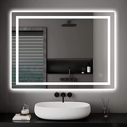 Dripex Espelho de casa de banho com luz LED 60 x 80 cm anti-embaciamento, interruptor de toque, luz branca fria 6400 K, instalação horizontal / vertical