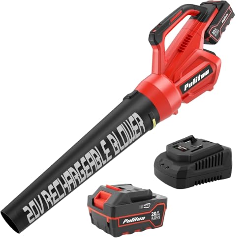 PULITUO Aspirador elétrico de folhas de 20 V, soprador de folhas sem cabo com bateria e carregador, soprador de jardim com velocidade variável, para soprar folhas, poeira, pátio