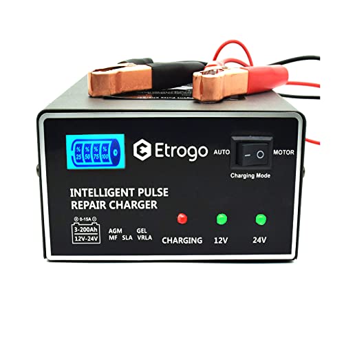 Etrogo Carregador de bateria de chumbo de carro 12 V 24 V 10 A Intelligent de pulso com ecrã LED a barra-cinzento