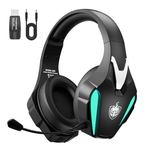 PHOINIKAS Auriculares Gaming sem fios, capacetes Gaming para PS4/PS5/PC, capacetes sem fios com microfone cancelamento de ruído removível, 7,1 estéreo, luz LED (verde)