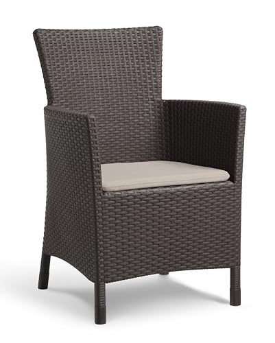 Keter Iowa - Poltrona de jardim para exterior e interior com almofada incluída, resina com acabamento de vime plano, cor castanha