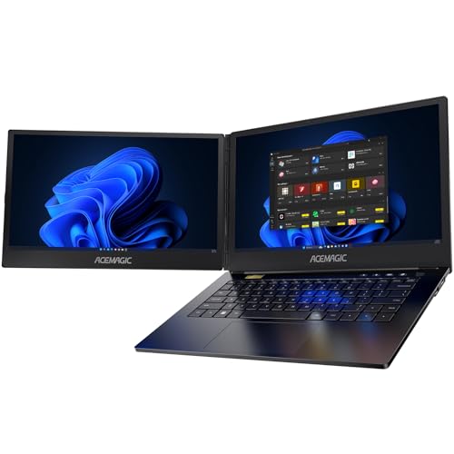 ACEMAGIC Computador portátil de ecrã duplo, processador Lntel i7-1255U (10 núcleos e 12 fios), 14" portátil com ecrã duplo dobrável de 360°, 16 GB RAM, SSD de 1 TB (até 2 TB), WiFi6, Win 11 Preto