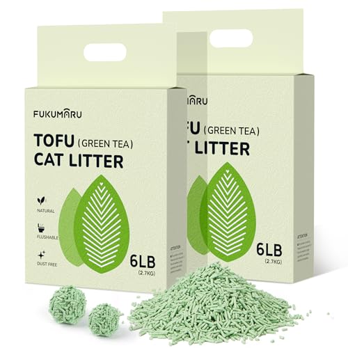 FUKUMARU Areia de tofu para gatos 5,4 kg - areia aglomerante para gatos, controlo de odores com aroma de chá verde, livre de pó e fácil de aglomerar, descartável em casa de banho